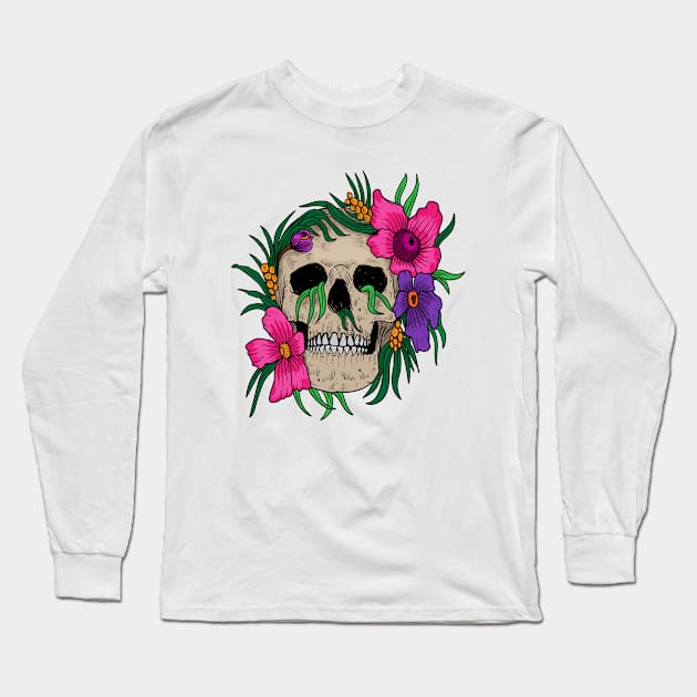 Woman Skull Flower Long Sleeve T-Shirt by Mako Design 